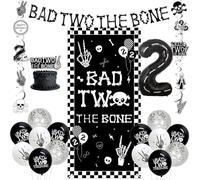 Jollyboom Bad Two the Bone Birthday Party Decorations Boys, Bad 2 The Bone Banner Door Porch Sign Hanging Swirls Cake Topper Foil Balloons for 2 Year Old Boy Music Rock and Roll 2nd Birthday Party