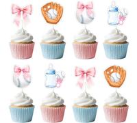 Jollyboom Baseballs or Bows Gender Reveal Decorations, 36pcs Bows or Burnouts Cupcake Toppers for Baseballs Free Throws or Pink Gender It’s a Boy Girl He or She Reveal Baby Shower Party