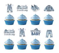 Jollyboom Blue Jean Denim Baby Shower Decorations, 36pcs a Little Denim Baby Is On The Way Decorations Cupcake Toppers for Welcome Baby Blue Jean Clothes Pregnancy Gift