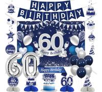 Jollyboom Blue Silver 60th Birthday Decorations for Men Women, Happy 60th Backdrop Banner Cake Topper Sash Honeycomb Swirls 60 Foil Balloons for Him Her 60 Never Looked So Good Party Supplies