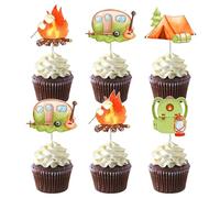 Jollyboom Camping Cupcake Toppers, 24 PCS Happy Camper Birthday Party Decorations Double-sided Printing Adventure Cake Topper for Camping Themed Birthday Decorations Baby Shower Party