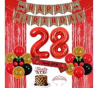 Jollyboom Cheetah Cherry Twenty Ate 28th Birthday Party Decorations for Women - 28th Birthday Backdrop Set with Balloons Fringe Curtain Cake Topper Tiara Sash - Celebrate Bold Moments with Fun Flair