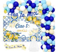 Jollyboom Ciao to Miss Bridal Shower Decorations, Italian Lemon Bachelorette Party Decorations Backdrop Veil Sash Banner Blue White Balloon Garland Kit for Women Bride to Be Celebration Events