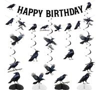 Jollyboom Crow Birthday Party Decorations, Black Crow Decor Halloween Happy Birthday Banner Garland Hanging Swirls Table Honeycomb Centerpieces for Raven Gothic Bday Party Decorations