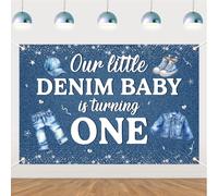 Jollyboom Denim 1st Birthday Decorations, Our Little Denim Baby is Turning One Backdrop Banner for One Year Old Blue Jean Baby Shower Photoshoot Background 3 x 5 Ft
