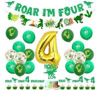 Jollyboom Dinosaur 4th Birthday Decorations, Roar I'm 4 Dinosaur Party Banner Garland Cake Cupcake Toppers Green Balloons Number 4 Foil Balloon for 4 Year Old Jungle Theme Four Ever Wild Birthday