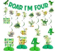 Jollyboom Dinosaur 4th Birthday Decorations, Roar Rawr Im 4 Four Dinosaur Party Decorations Banner Garland Hanging Swirls Ceiling Streamers Garland Honeycomb Ball for 4 Year Old Boy Girl Birthday