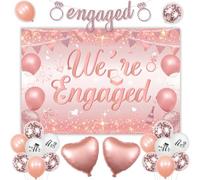 Jollyboom Engagement Party Decorations - Rose Gold 'We Are Engaged' Backdrop, Diamond Ring Engagement Banner, Confetti & Love Balloons for Wedding Proposal & Bridal Shower