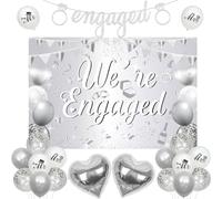 Jollyboom Engagement Party Decorations - We are Engaged Backdrop, Mr & Mrs Love Balloons, Silver & White Balloons for Wedding Proposal & Bridal Shower