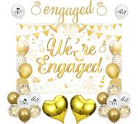 Jollyboom Engagement Party Decorations - We are Engaged Backdrop, White and Gold Confetti Balloons, Mr & Mrs Love Balloons for Wedding Proposal or Bridal Shower
