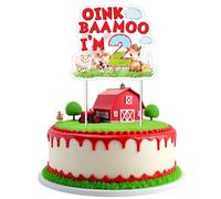 Jollyboom Farm Animal 2nd Birthday Party Decorations, Oink Baa Moo I Am Two Birthday Decorations Cake Topper Farm Barn Theme Cake Decor for 2 Years Old Boy Girl Barnyard Animal Party