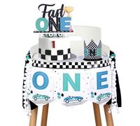 Jollyboom Fast One Birthday Decorations for Boys, Vintage Retro Racing Car Fast One High Chair Banner Birthday Hat Cake Topper for Boy Let's Go Racing 1st Birthday Party