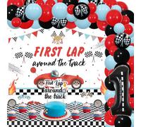 Jollyboom First Lap Around The Track Birthday Decorations, Race Car 1st Birthday Party Decorations Backdrop Banner Tablecloth Cake Cupcake Toppers Number 1 Foil for One Year Old Kids
