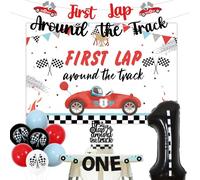 Jollyboom First Lap Around the Track Racing Car 1st Birthday Decorations, Red, Black, White, Blue Balloons, Banner, Backdrop, Cake Topper, High Chair Banner, Foil Number 1 Balloon