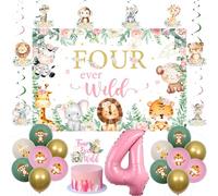 Jollyboom Four Ever Wild Birthday Decorations, Pink Safari Jungle Animal 4th Birthday Four Ever Wild Backdrop Hanging Swirls Cake Topper Sage Green Pink 4 Foil Balloon for 4 Year Old Party Supplies