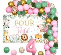 Jollyboom Four Ever Wild Safari Birthday Backdrop, Pink Safari Balloon Arch with Forest Animal Number 4 Balloons for Jungle Theme Party