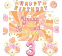 Jollyboom Groovy 3rd Birthday Decorations for Girls - Wild and Three Retro Hippy Boho Backdrop, Daisy Flower Power Pink 3 Foil Balloons for Third Party