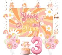 Jollyboom Groovy 3rd Birthday Decorations, Young Wild and Three Backdrop Hanging Swirls Cake Topper Balloons Number 3 Foil for 3 Year Old Retro Hippy Boho Daisy Flower Party Decor