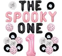 Jollyboom Halloween 1st Birthday Decorations, Pink Black The Spooky One Birthday Balloon Banner Ghost Bat Spider Balloons Pink Number 1 Foil Balloon for Halloween Theme First Birthday Party