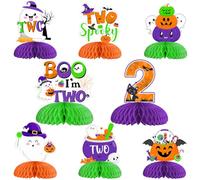 Jollyboom Halloween 2nd Birthday Party Decorations, 8Pcs Boo I'm Two Table Honeycomb Centerpieces Orange Purple Green for Halloween Theme 2 Year Old Boy Girl Birthday Party