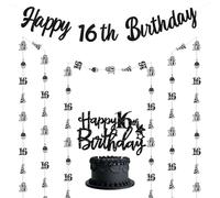 Jollyboom Happy 16th Birthday Decorations Silver, Black Happy 16th Birthday Banner Cake Topper, 3 Pack Black and Silver Birthday Streamers Circle Dot Garlands for Boys Girls Sweet 16th Birthday Party