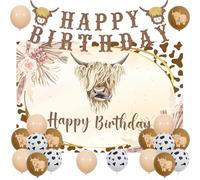 Jollyboom Highland Cow Birthday Decorations Boy, Cow Happy Birthday Backdrop Banner Brown Cow Print Balloons for Boy Highland Cows Party