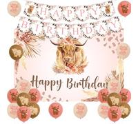 Jollyboom Highland Cow Birthday Decorations Girl, Cow Happy Birthday Backdrop Pink Brown Highland Cow Balloon Pink Happy Birthday Banner for Girl Cow Theme Party
