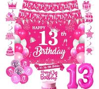 Jollyboom Hot Pink 13th Birthday Decorations Girls, Happy 13th Birthday Backdrop Banner Hanging Swirls Cake Topper Sash Foil Balloon for 13 Years Old Girl Official It's 13 I'm a Teen Party Decorations