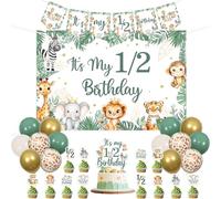 Jollyboom Jungle Safari Half Birthday Decorations, It's My 1/2 Birthday Backdrop Banner Cake Cupcake Toppers Sage Green Balloons for Wild Animal 6 Month Party Supplies