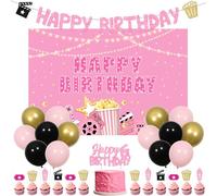 Jollyboom Movie Night Birthday Party Decorations Girls, Pink Movie Night Happy Birthday Backdrop Banner Cake Cupcake Toppers Balloons for Popcorn Theater Theme Party Supplies