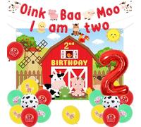 Jollyboom Oink Baa Moo Im Two Farm Animal 2nd Birthday Backdrop Balloon Kit | Complete Farm Party Decor Set | with Backdrop Banner Number 2 Foil Balloons | Great for 2 Year Old Kids I’m Two Farm Birthday