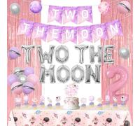 Jollyboom Outer Space 2nd Birthday Decorations Girl, Two The Moon Balloon Banner Cake Cupcake Toppers Pink Astronaut Tablecloth Fringe Curtain 2 Balloon for Astronaut Space Theme 2nd Birthday Party
