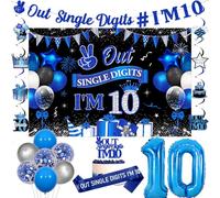 Jollyboom Peace Out Single Digits I'm 10 Birthday Decorations, Blue and Black 10th Birthday Decorations Backdrop Banner Hanging Swirls Cake Topper Sash 10 Foil Balloons for 10 Year Old Boy