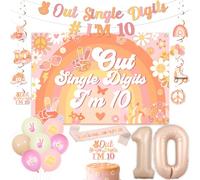 Jollyboom Peace Out Single Digits i'm 10 Birthday Decorations, Groovy 10th Birthday Decorations Balloons Backdrop Banner Hanging Swirls Cake Topper Sash Number 10 Foil for 10 Year Old Girl