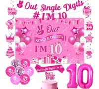 Jollyboom Peace Out Single Digits I'm 10 Birthday Decorations, Hot Pink 10th Birthday Decorations Balloons Backdrop Banner Hanging Swirls Cake Topper Sash 10 Foil for 10 Year Old Girl Bday Party