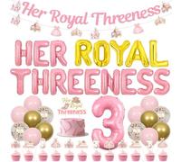 Jollyboom Princess 3rd Birthday Decorations, Her Royal Threeness Party Supplies Banner Number 3 Balloon Princess Garland Cake Cupcake Toppers for Girl Third 3 Year Old Birthday Party