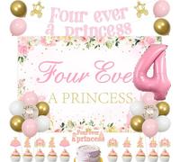 Jollyboom Princess 4th Birthday Party Decoration, Four Ever A Princess Birthday Decorations Backdrop Banner Pink Crown Cake Cupcake Toppers Number 4 Foil Balloon for 4 Years Old Birthday