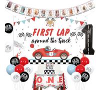 Jollyboom Race Car 1st Birthday Party Decorations for Boys - First Lap Around the Track Backdrop Set with Balloons Cake Topper and Photo Banner - Fast One Theme Celebration Kit
