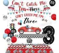 Jollyboom Race Car 3rd Birthday Decorations, Can’t Catch Me Im 3 Birthday Decorations Backdrop Banner Tablecloth Cake Cupcake Toppers Balloons for 3 Years Old Race Car Party