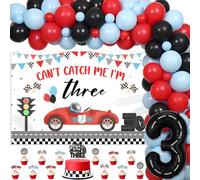 Jollyboom Race Car 3rd Birthday Party Decorations for Boys - Can't Catch Me I'm Three Backdrop Balloon Cake Toppers and Number 3 Foil Balloon - Red Racing Theme Decor for Photo Moments and Celebration