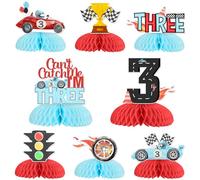 Jollyboom Race Car 3rd Birthday Party Decorations for Table, 8pcs Can't Catch Me I'm Three Birthday Honeycomb Centerpiece Race Car Table Toppers for Boys Racing Car 3 Year Old Birthday Party Supplies