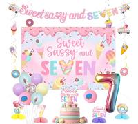 Jollyboom Sweet Sassy and Seven Birthday Decorations Girls, Donut Ice Cream 7th Birthday Decorations Backdrop Banner Cake Topper Hanging Swirls Streamers Balloons Number 7 Honeycomb Centerpieces