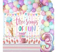 Jollyboom Three Scoops of Fun Birthday Decorations, Ice Cream 3rd Birthday Decorations Cake Cupcake Backdrop Banner Toppers Number 3 Foil Tablecloth Balloons Arch for 3 Year Old Girl Party