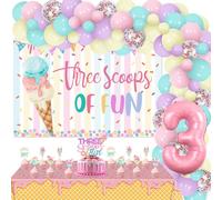 Jollyboom Three Scoops of Fun Birthday Decorations, Ice Cream 3rd Birthday Decorations Girl Backdrop Banner Cake Cupcake Toppers Number 3 Foil Tablecloth Balloons Arch for 3 Year Old Party