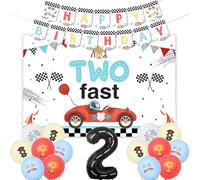 Jollyboom Two Fast Birthday Boys Racing Decorations - Vintage Car Backdrop Banner With Retro Pastel Balloons and 2 Foil Balloon for Race Party