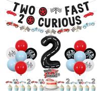 Jollyboom Two Fast Two Curious Birthday Decorations, Racing Car 2nd Birthday Decoration for Racing Car Theme Banner Garland Cake Topper Number 2 Foil balloon for Race Car Theme Party