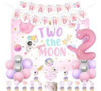 Jollyboom Two The Moon Birthday Decorations, Outer Space 2nd Birthday Backdrop Happy Birthday Banner Cake Cupcake Topper Pink Number 2 Foil Balloon for Space Theme 2nd Party