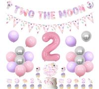 Jollyboom Two The Moon Birthday Decorations, Outer Space 2nd Party Decorations Pennant Banner Cake Cupcake Toppers Balloon Kit for Space 2 Years Old Birthday Party Supplies