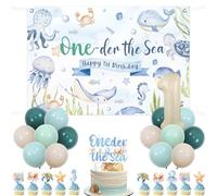 Jollyboom Under the Sea 1st Birthday Decorations Boy, Oneder the Sea 1st Happy Birthday Backdrop Cake Cupcake Toppers Balloon Kit for Ocean Animal 1 Year Old Birthday Party Supplies