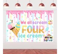 Jollyboom We All Scream Four Ice Cream Party Decor, Ice Cream 4th Birthday Decorations Backdrop for 4 Years Old Girl Birthday Party 3 x 5 ft